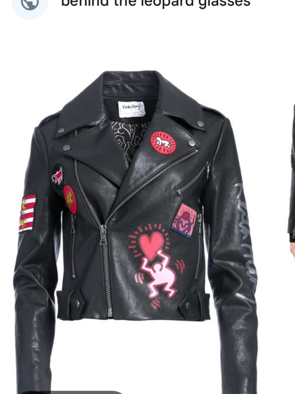 Alice + Olivia Black Leather Patch Moto Jacket with Pink & Red Graphics